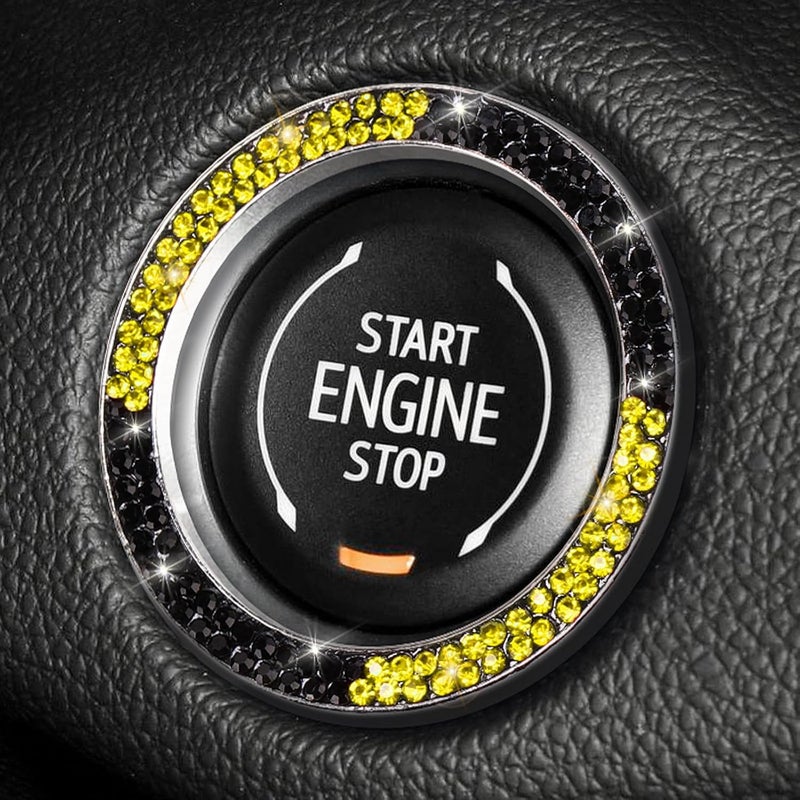 ToBeQueen Bling Black Yellow Push Start Button Cover Emblem Sticker, Crystal Diamond Rhinestone Engine Start Ring Car Decor, Yellow and Black Car Accessories for Women - Image 1